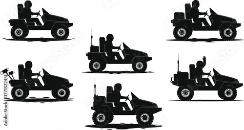 Lunar rover silhouettes, astronaut seated, space exploration vehicles, black and white design, moon mission gear, scientific equipment, rover configuration
