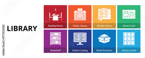 Library Glyph Solid Banner Web Icon Set Vector Illustration