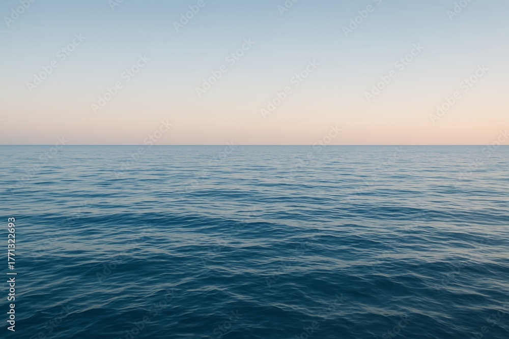 Obraz premium Tranquil seascape with calm ocean water and pastel sky horizon at sunrise evoking peace and minimal atmosphere of solitude and vastness concept. Ai generative