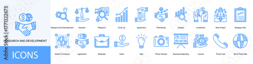 research and development icon collection set. Containing Decision, Research, Grow Up, Agreement, Partnership icon.