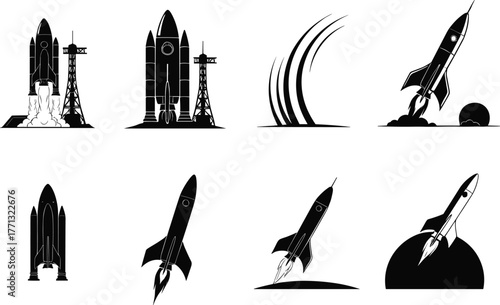 Rocket launch silhouettes, liftoff stages, space travel, black and white design, trajectory illustration, flame trail, planetary ascent, aerospace graphic