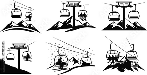 Ski lift scenes in black and white, winter mountain illustrations, cable cars with skiers, snowy landscape vector art, alpine recreation