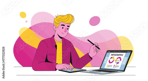 Digital Designer Crafting Infographics on a Laptop Displaying Various Data Visualizations