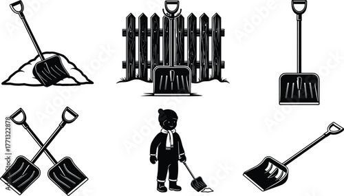 Snow shovel silhouette illustrations, black and white winter vector art, outdoor tools and human interaction, cold season snow clearing scenes