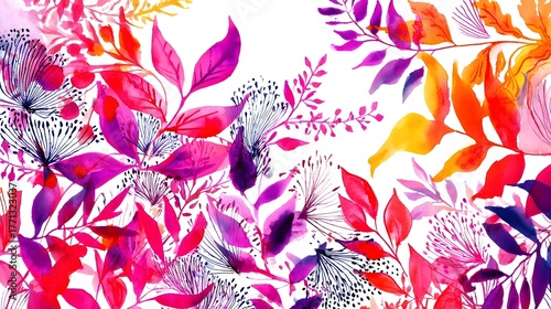Lush colorful and dynamic floral pattern with tropical leaves and blooming flowers in a vibrant  ic composition