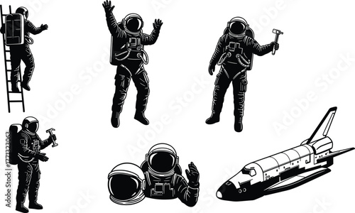 Space exploration silhouettes, astronaut poses, helmet and tools, space shuttle design, black and white graphic, zero gravity, cosmic activity, mission gear