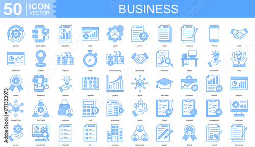 business icon collection set. Containing process, Social Media, Reporting, Data, expert icon.