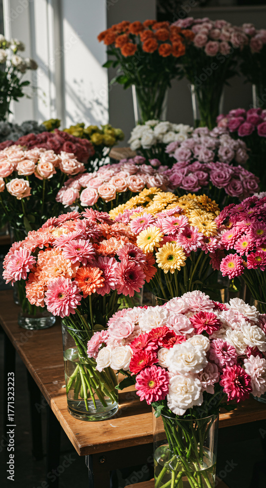 Fototapeta premium A collection of multiple colorful flower bouquets arranged neatly on a wooden table in a flower shop