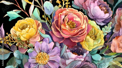 Lush colorful floral bouquet arrangement featuring a variety of blooming flowers including roses peonies and daisies against a dark background