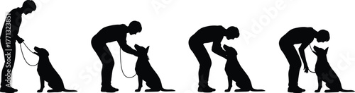 Man training dog silhouette sequence showing obedience, love, communication, discipline, pet care, animal companionship, and positive behavior concept flat vector illustration