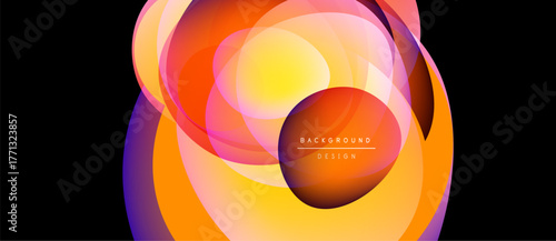 Abstract vibrant circles overlap, creating warm orange, yellow hues. Modern design suggests energy, movement, fluidity. Background features text elements.