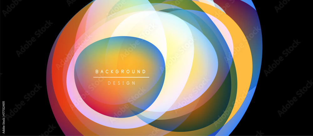 Fototapeta premium Abstract colorful layers create dynamic circular design. Bright gradients blend, forming modern background element. Text reads background design.
