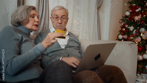 Grandmother and grandfather shopping online in Christmas vacation, use laptop. Buying gift in web-store, distant payment service, ordering goods in internet, New Year celebration and Xmas, portrait