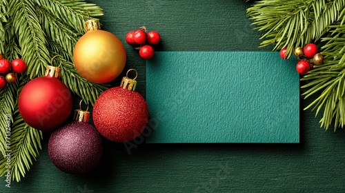 Christmas composition with baubles, fir branches and blank card