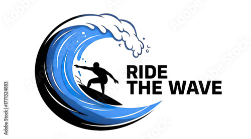 Silhouette surfer riding a powerful blue wave with white crest and the words ride the wave