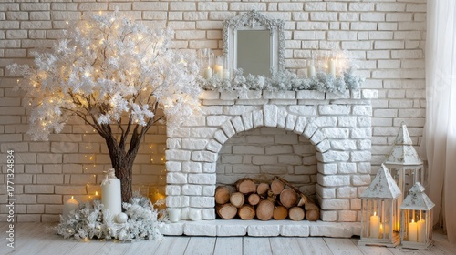 Cozy white Christmas living room with fireplace and candles