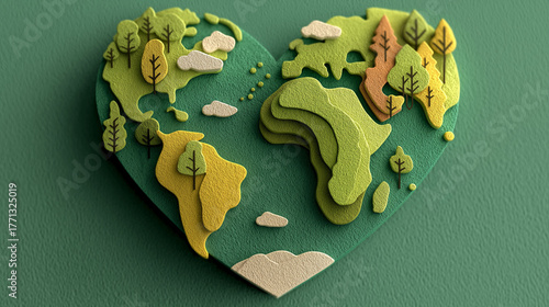 A textured paper-cut heart shaped like a world map
