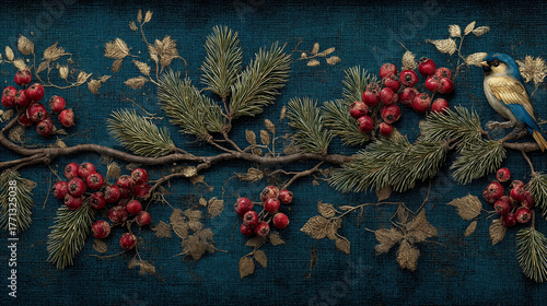 Christmas background with fir branches, a bird and red berries