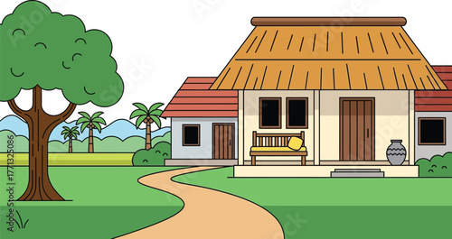 Cartoon house illustration with palm trees and nature landscape view