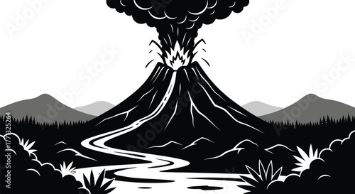 Volcano eruption landscape vector illustration black and white art