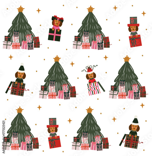 SEAMLESS CHRISTMAS PATTERN WITH DACHSHUNDS AND GIFT BOXES – REPEATING HOLIDAY TREE DESIGN, CUTE FESTIVE DOG WRAPPING PAPER BACKGROUND