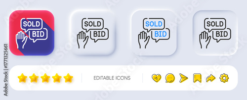 Bid offer line icon. Neumorphic, Flat shadow, 3d buttons. Auction sign. Raise the price up symbol. Line bid offer icon. Social media icons. Vector