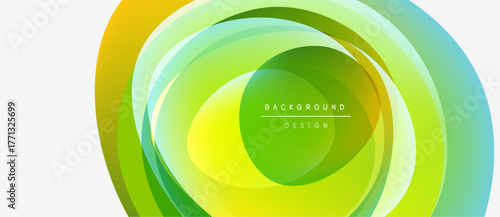 Abstract design features layered translucent circles. Vibrant green, yellow, orange hues create dynamic visual effect. Minimalist text present.