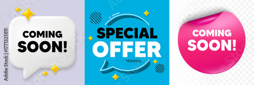 Coming soon speech bubble. 3d sparkles chat, Paper sticker. Coming soon tag. Promotion banner sign. New product release symbol. Special offer bubble. Halftone dots pattern. Vector