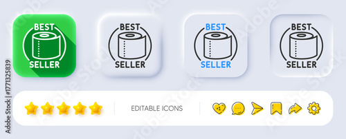 Toilet paper tissue roll line icon. Neumorphic, Flat shadow, 3d buttons. Best seller sign. Coronavirus shopping panic symbol. Line toilet paper icon. Social media icons. Vector