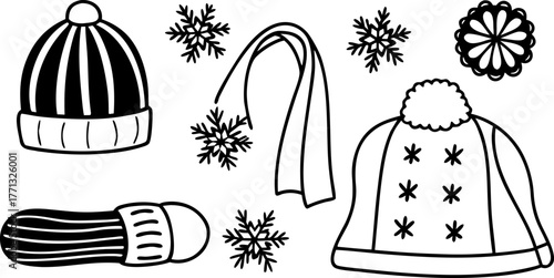 A collection of winter accessories is depicted in a black and white line art style. The items are arranged against a blank background. The composition includes a scarf draped elegantly with tasseled e