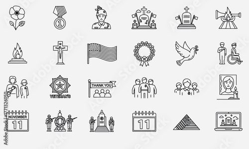A comprehensive set of line art icons dedicated to Veterans Day, military remembrance, and armistice commemoration symbols