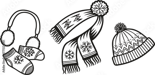 A collection of winter accessories is depicted in a black and white line art style. The items are arranged against a blank background. The composition includes a scarf draped elegantly with tasseled e
