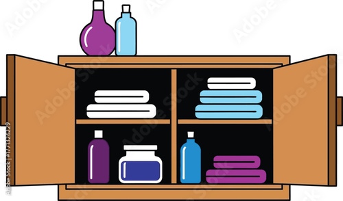 Bathroom cabinet organization ideas with towels and toiletries stock