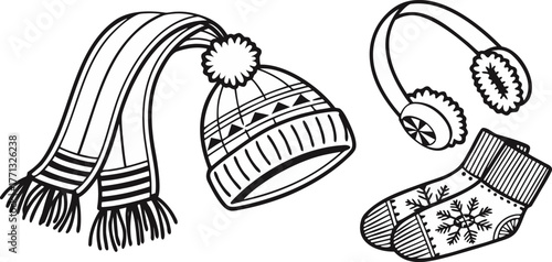 A collection of winter accessories is depicted in a black and white line art style. The items are arranged against a blank background. The composition includes a scarf draped elegantly with tasseled e