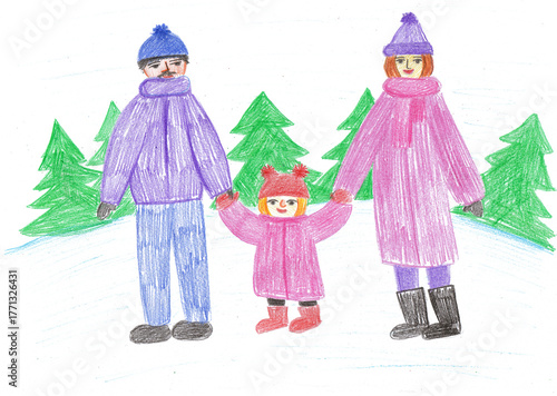 Hand drawn winter family scene with parents and child holding hands in warm clothes, surrounded by green pine trees and snow. Drawing by colored pencils. Cozy, perfect for holiday themed projects.
