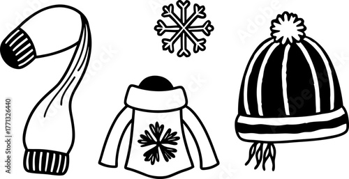 A collection of winter accessories is depicted in a black and white line art style. The items are arranged against a blank background. The composition includes a scarf draped elegantly with tasseled e