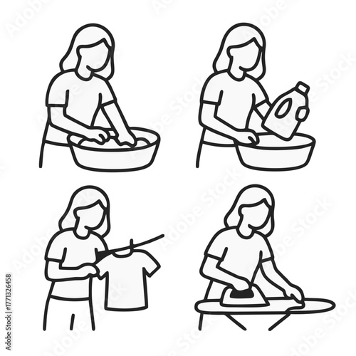 Minimalist Line Drawing of Housewife Washing Clothes.eps