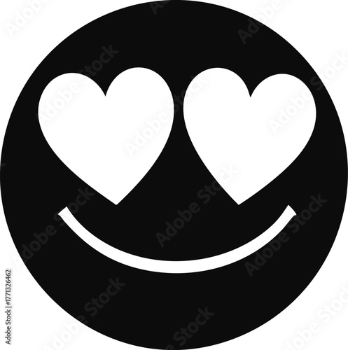 Black emoji face with heart eyes and smile isolated on white background for love and admiration vector design