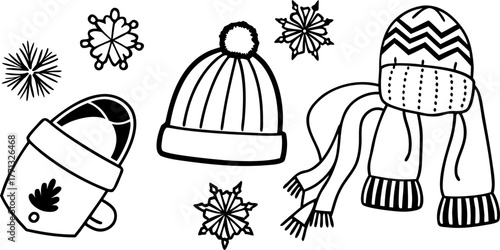 A collection of winter accessories is depicted in a black and white line art style. The items are arranged against a blank background. The composition includes a scarf draped elegantly with tasseled e