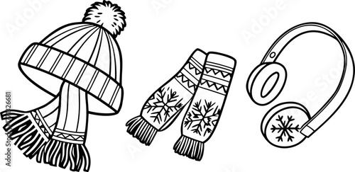 A collection of winter accessories is depicted in a black and white line art style. The items are arranged against a blank background. The composition includes a scarf draped elegantly with tasseled e