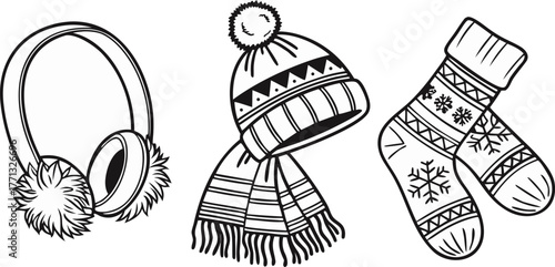 A collection of winter accessories is depicted in a black and white line art style. The items are arranged against a blank background. The composition includes a scarf draped elegantly with tasseled e
