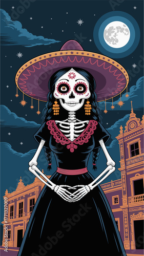 Elegant Catrina skeleton lady in black dress and wide-brimmed hat under a starry night sky with full moon and ornate Mexican architecture. Festive Day of the Dead illustration