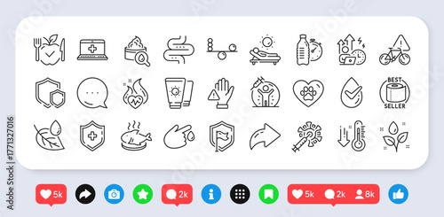 Leaf dew, Dermatologically tested and Shield line icons pack. Social media: share, comment, like icons. Bike attention, Toilet paper, Fish dish web icon. Vector