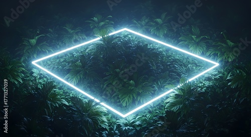 Glowing Blue Neon Rhombus Frame Centered Amidst Dark Tropical Foliage and Lush Green Plants, Mysterious Futuristic Nature Background, High Contrast Digital Art Scene