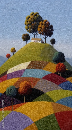 Cottage on patchwork hills with autumn colored trees