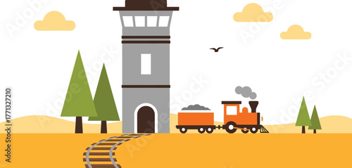 Cartoon train illustration with tower and trees vector graphic art