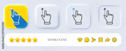 Touchscreen gesture line icon. Neumorphic, Flat shadow, 3d buttons. Slide up arrow sign. Swipe action symbol. Line touchscreen gesture icon. Social media icons. Vector