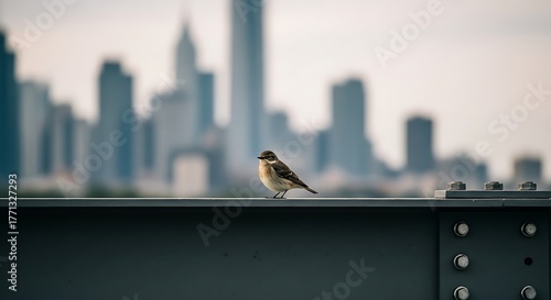 Small bird perched on a metal beam with a blurred city skyline in the background.