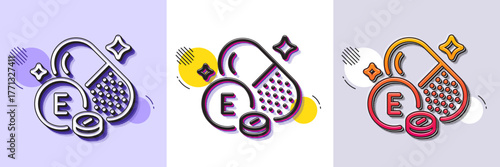 Vitamin E line icon. Halftone dotted pattern. Gradient icon with grain shadow. Tocopherols food nutrient sign. Capsule or pill supplement symbol. Line vitamin E icon. Various designs. Vector