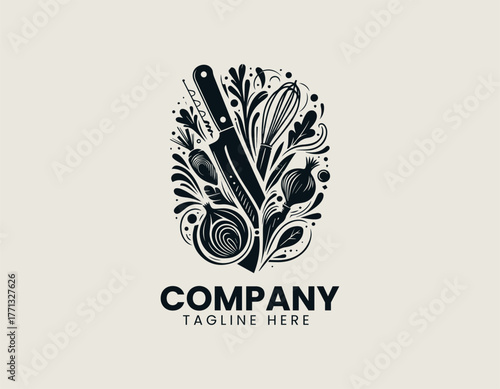 Artistic composition of kitchen tools and vegetables with knife and whisk in abstract black vector logo design illustration